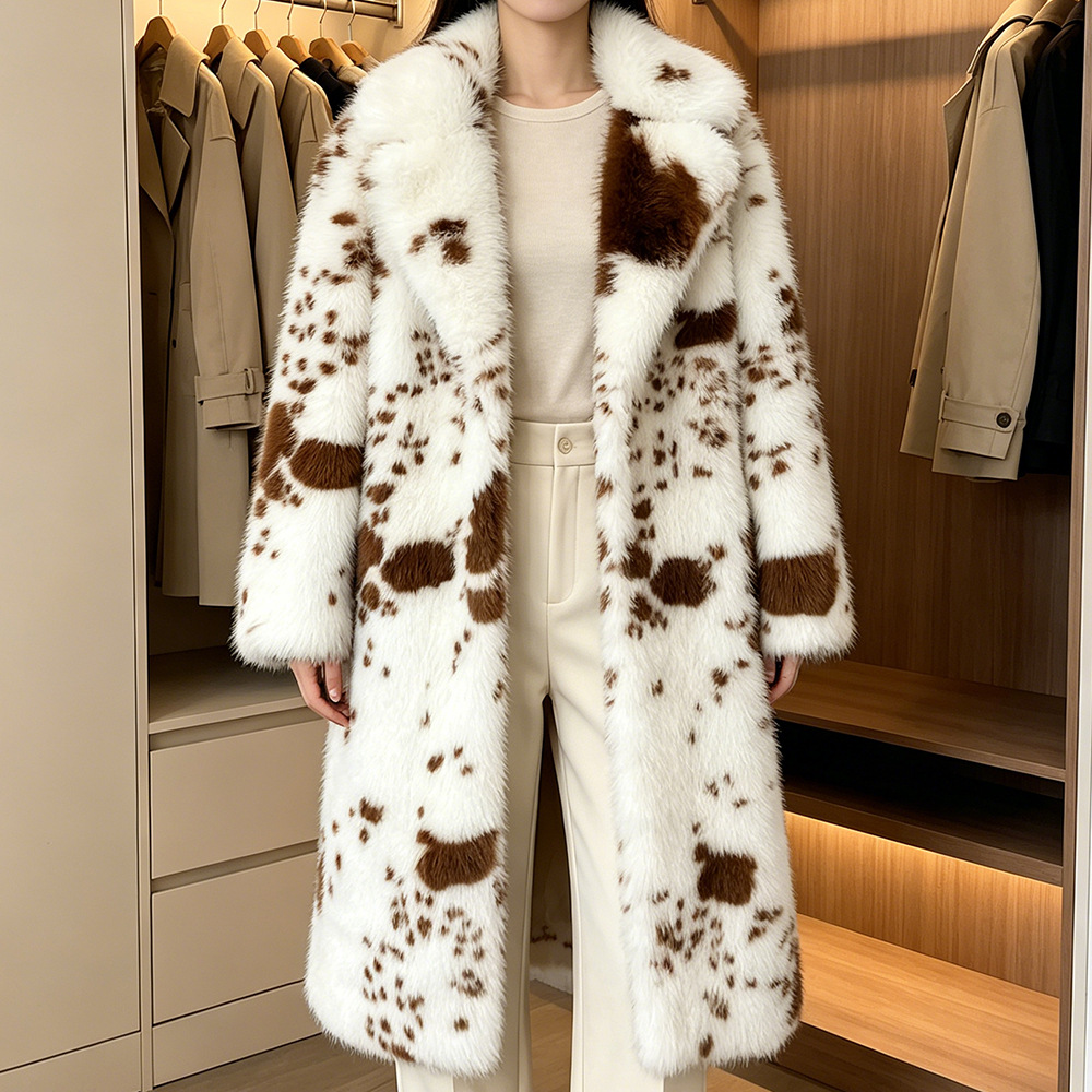 Women’s Extra-Long, Thickened Faux Fur Coat with Cow Print – Euro-American “Hot Girl” Style Eco-Friendly Fur