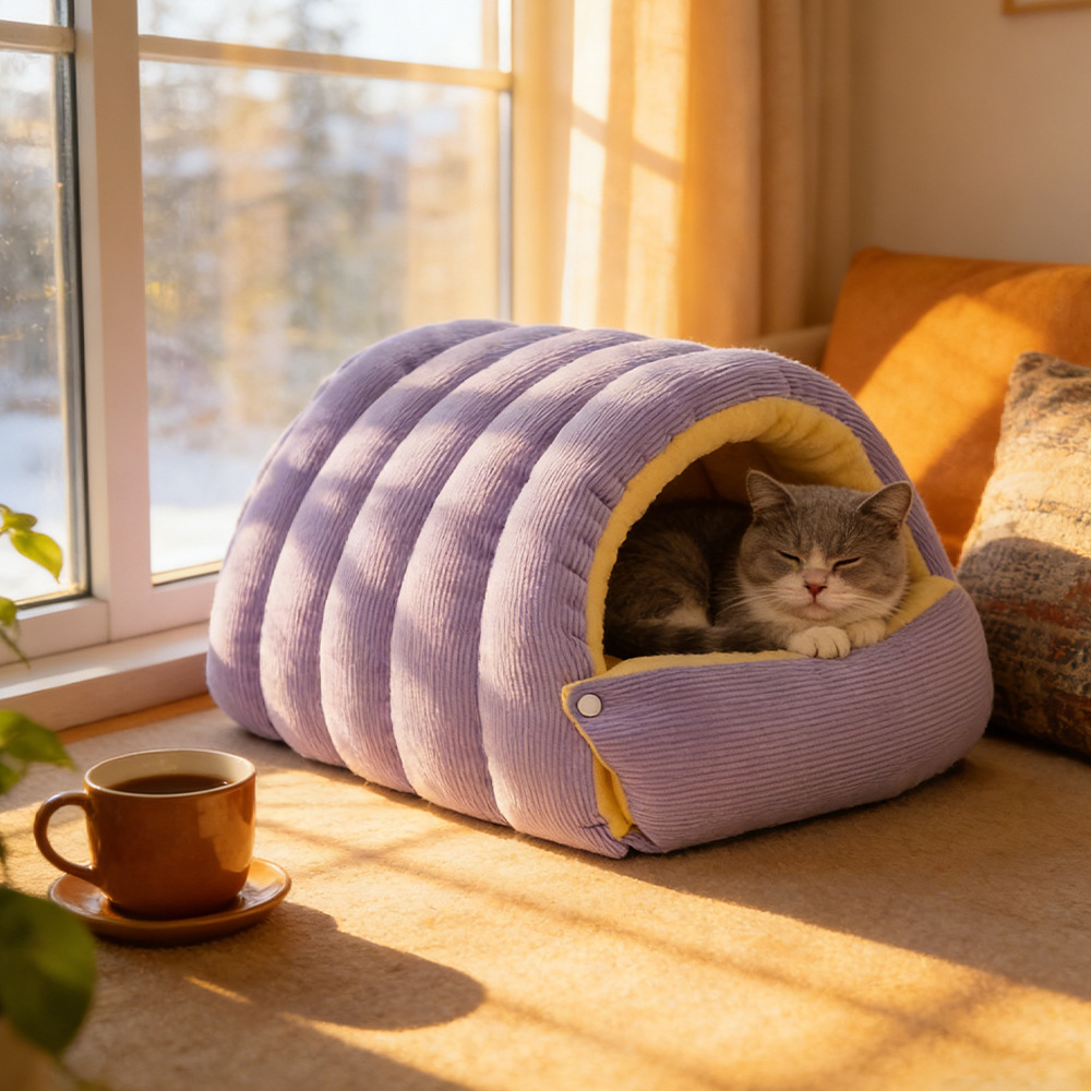Warm, Detachable & Washable Winter Pet Bed: Morandi-Colored Arctic Fleece Cat Sleeping Bag / Enclosed Dog House for Small Dogs