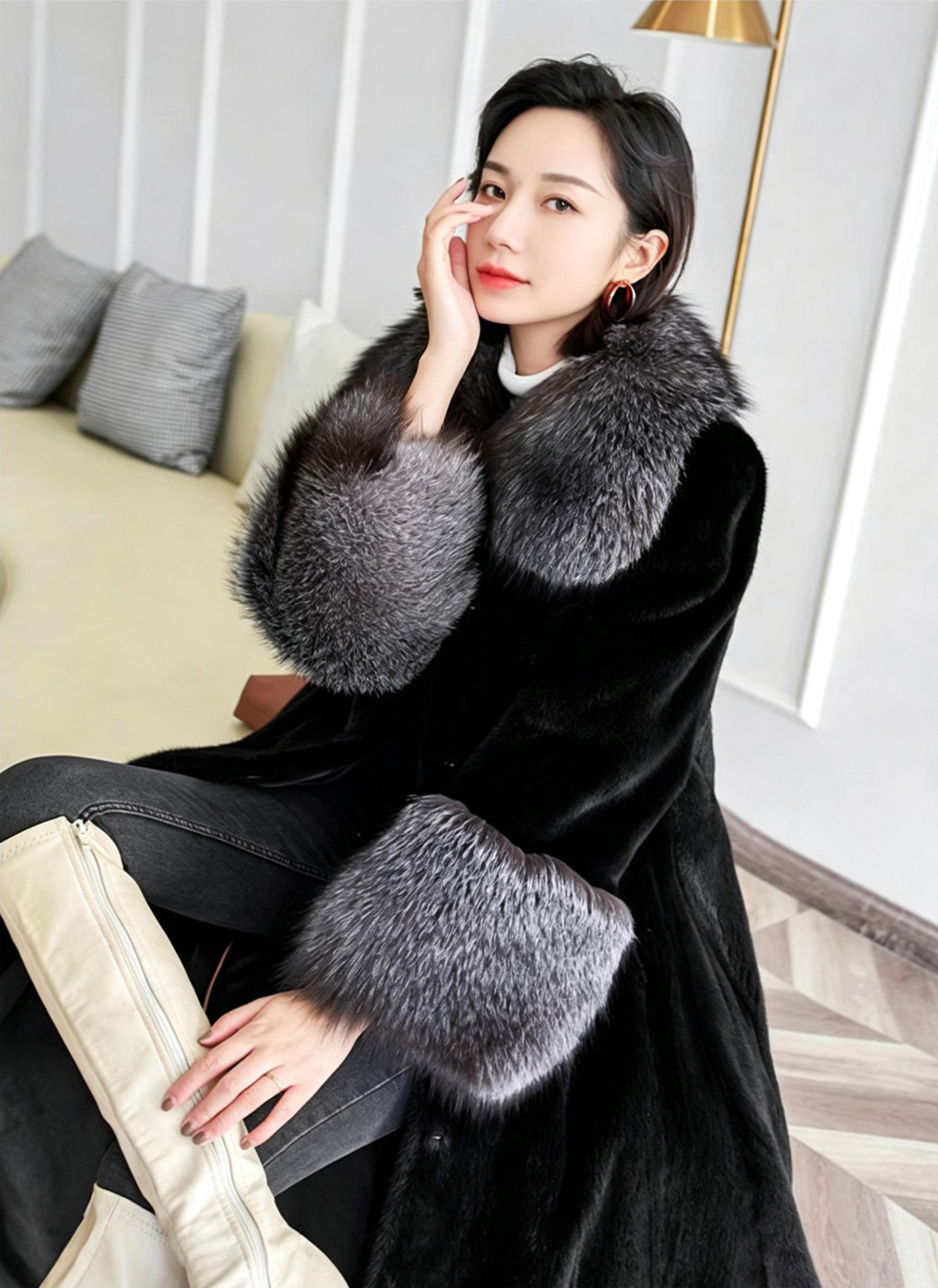 Long style with fox fur collar