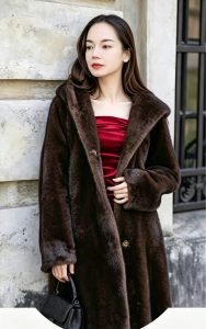 Faux mink fur long hooded coat