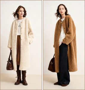 Shearling coat, loose fit, round neck, mid-length