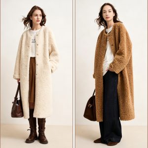 Shearling coat, loose fit, round neck, mid-length