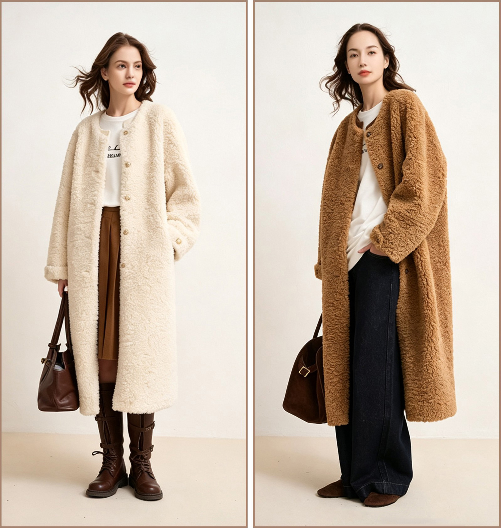 Shearling coat, loose fit, round neck, mid-length