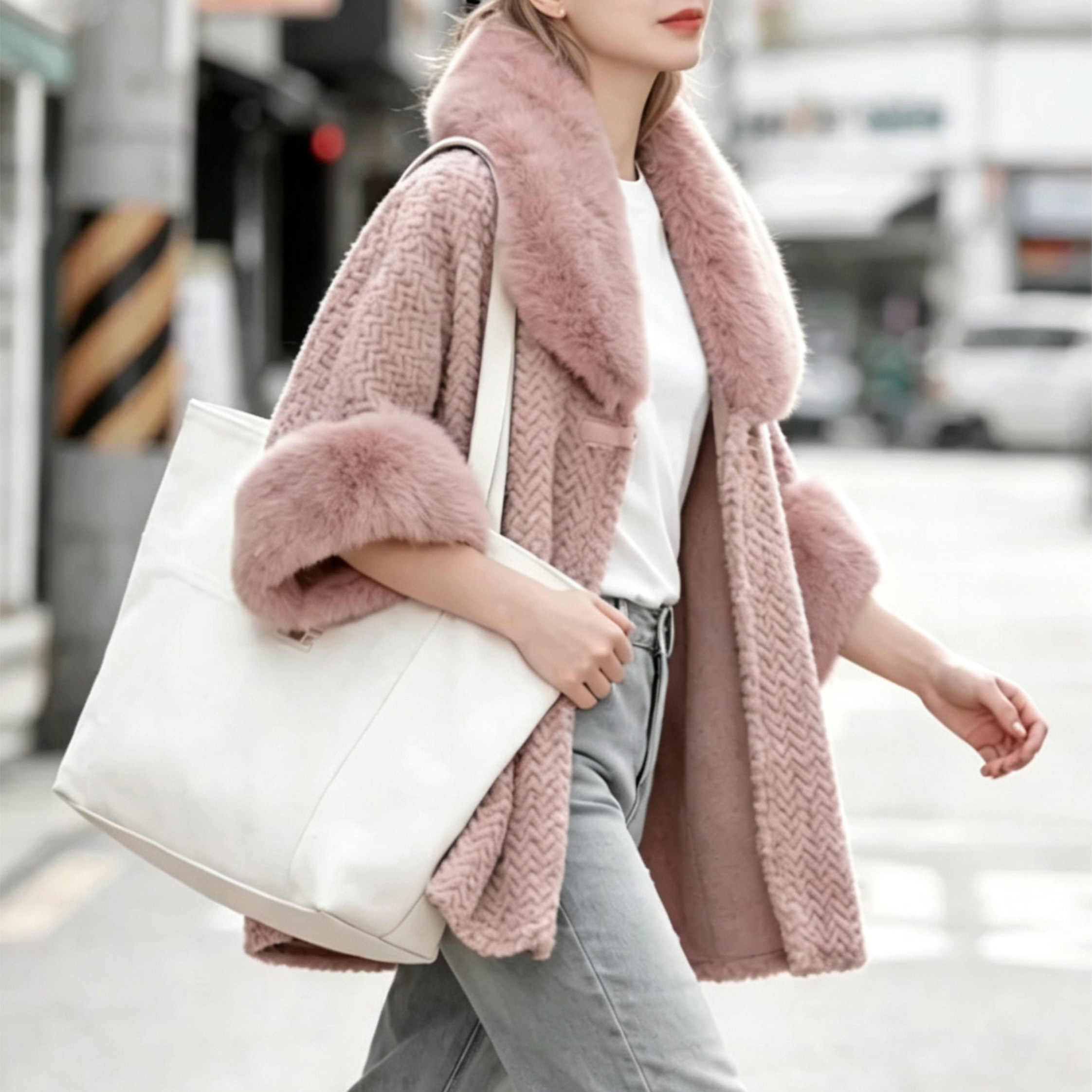 Shawl, cape, fur-collar cardigan coat