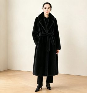 Black faux fur belted long coat