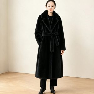 Black faux fur belted long coat